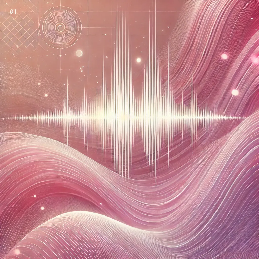 Visual representation of pink noise sound waves, showing gradual decrease in amplitude across higher frequencies, creating a smooth, calming wave pattern ideal for sleep and relaxation.