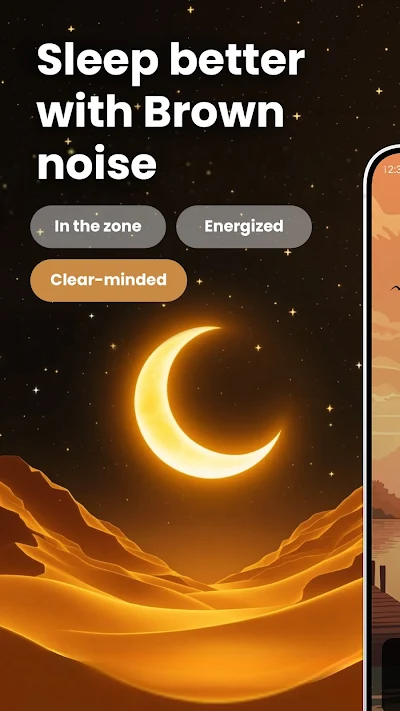 Brown Noise app - Sleep better with Brown noise, desert night theme with crescent moon